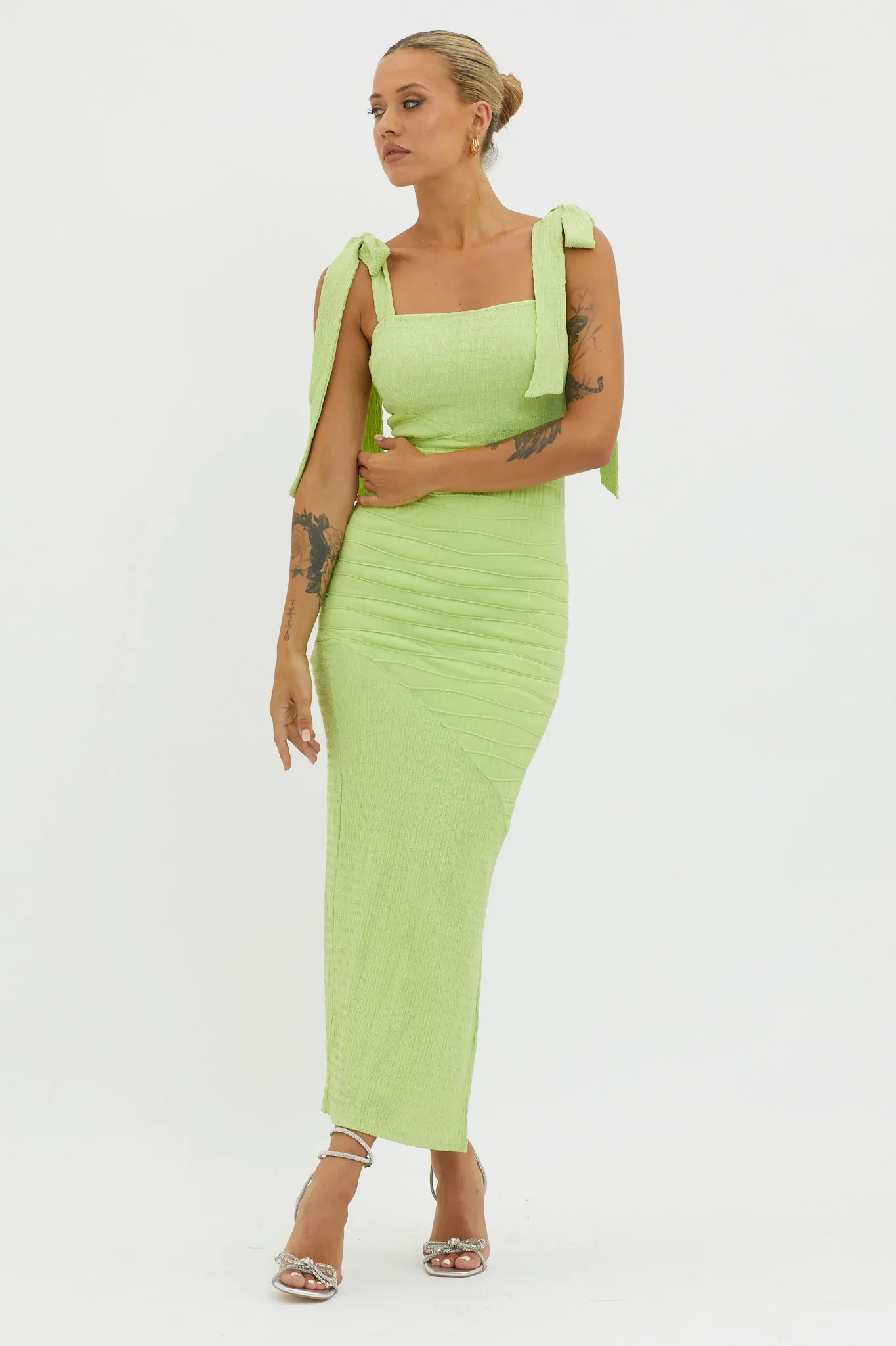 Bindi Puckered Tied Strap Dress Green