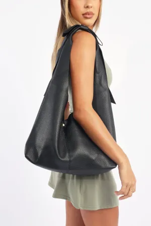 Black Slouchy Shoulder Tote Bag With Bow Detail