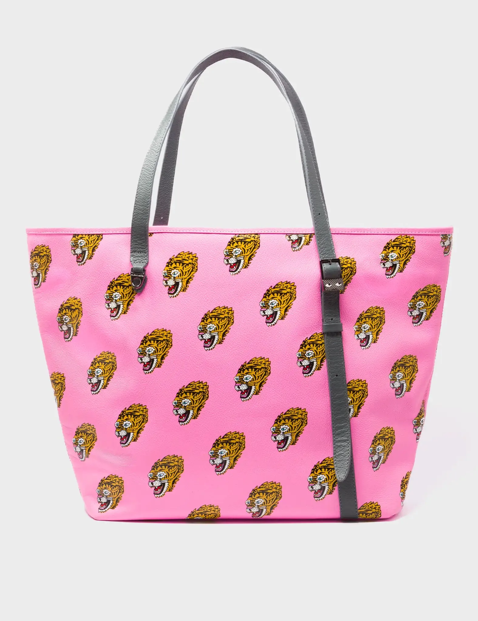 Bruno Bubblegum Pink Leather Tote Bag - Blazing Tiger Print