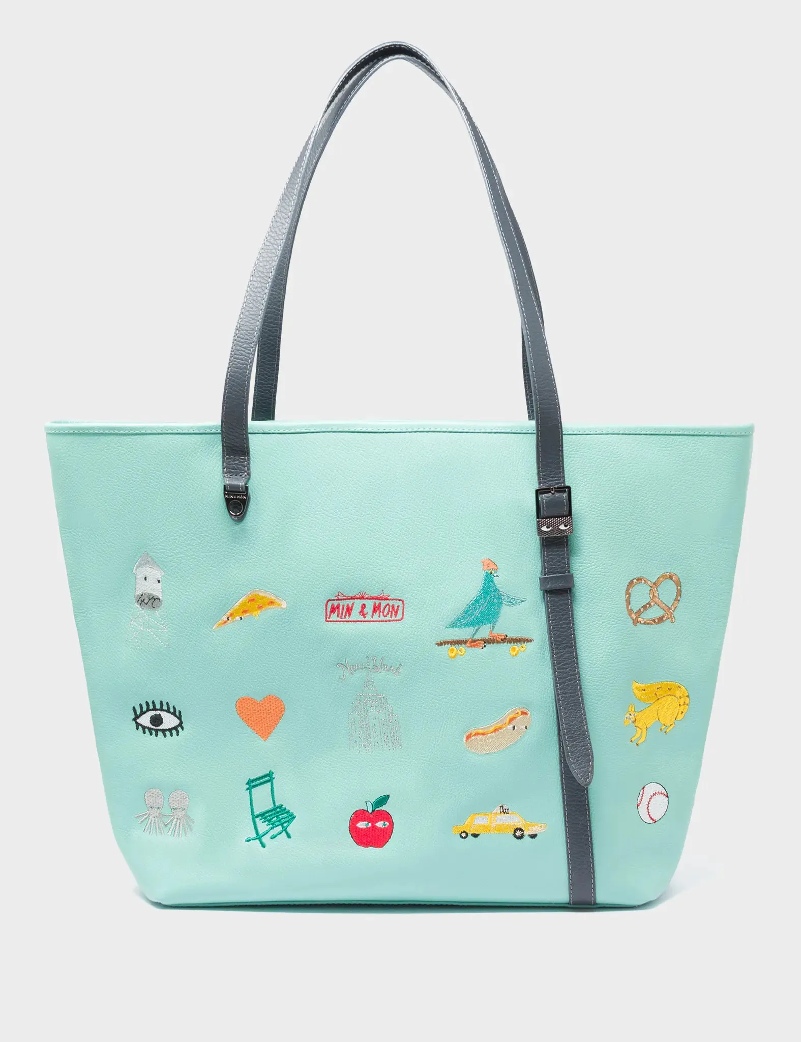 Bruno Oceanic Green Leather Tote Bag - Eye Love New York Embroidery