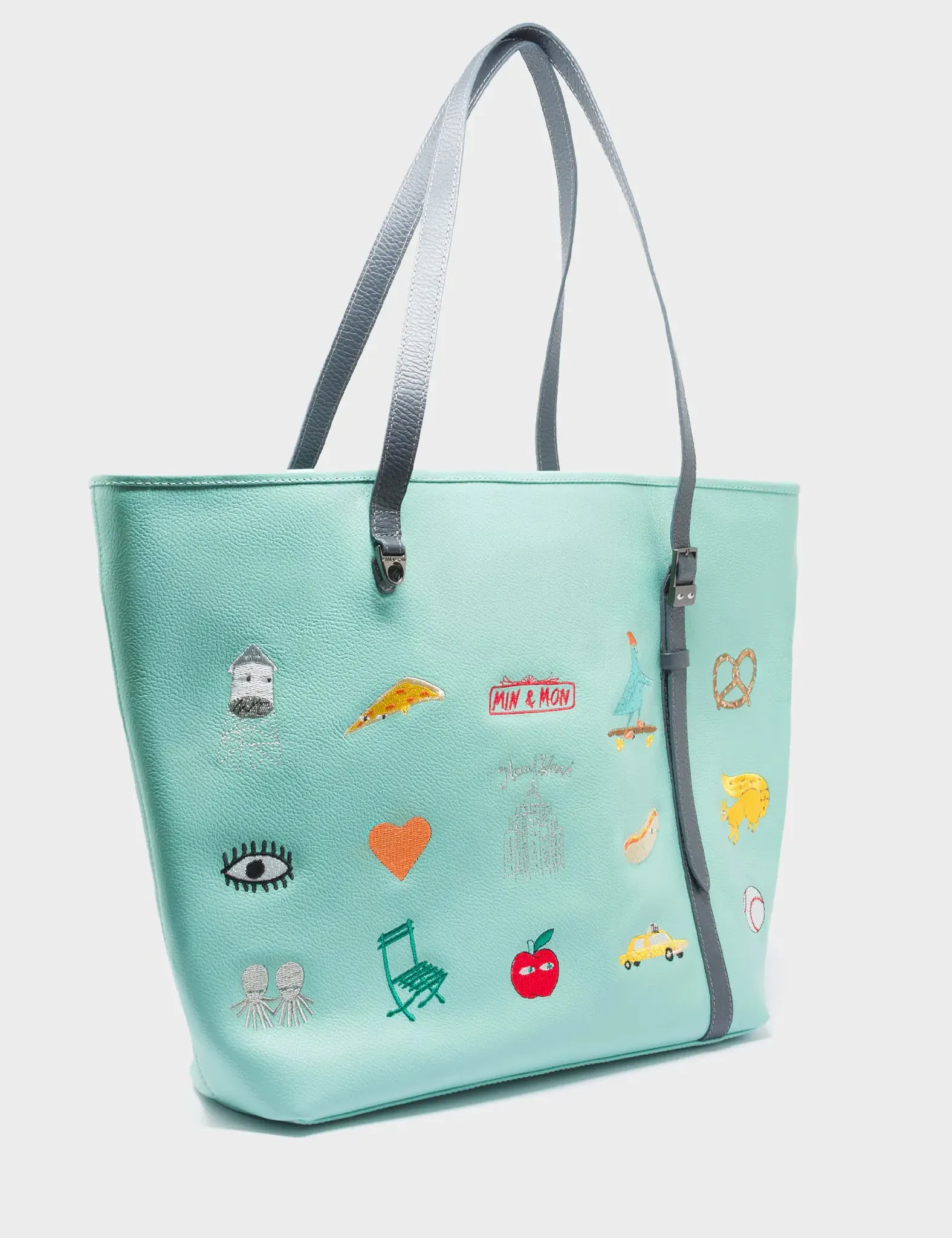 Bruno Oceanic Green Leather Tote Bag - Eye Love New York Embroidery