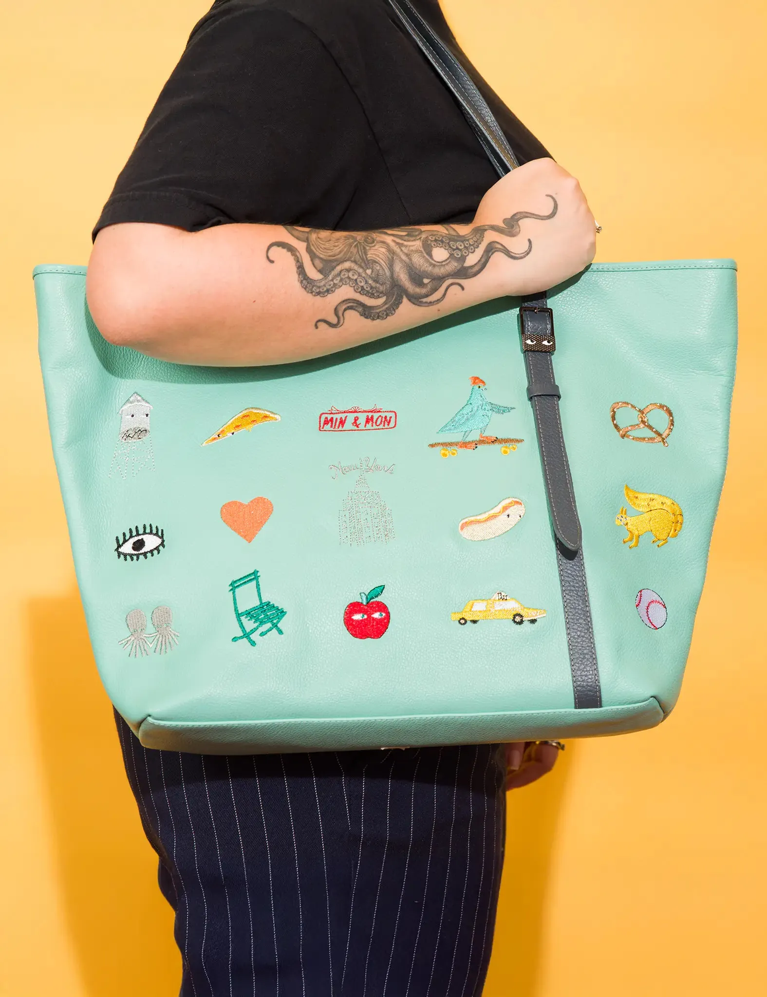 Bruno Oceanic Green Leather Tote Bag - Eye Love New York Embroidery