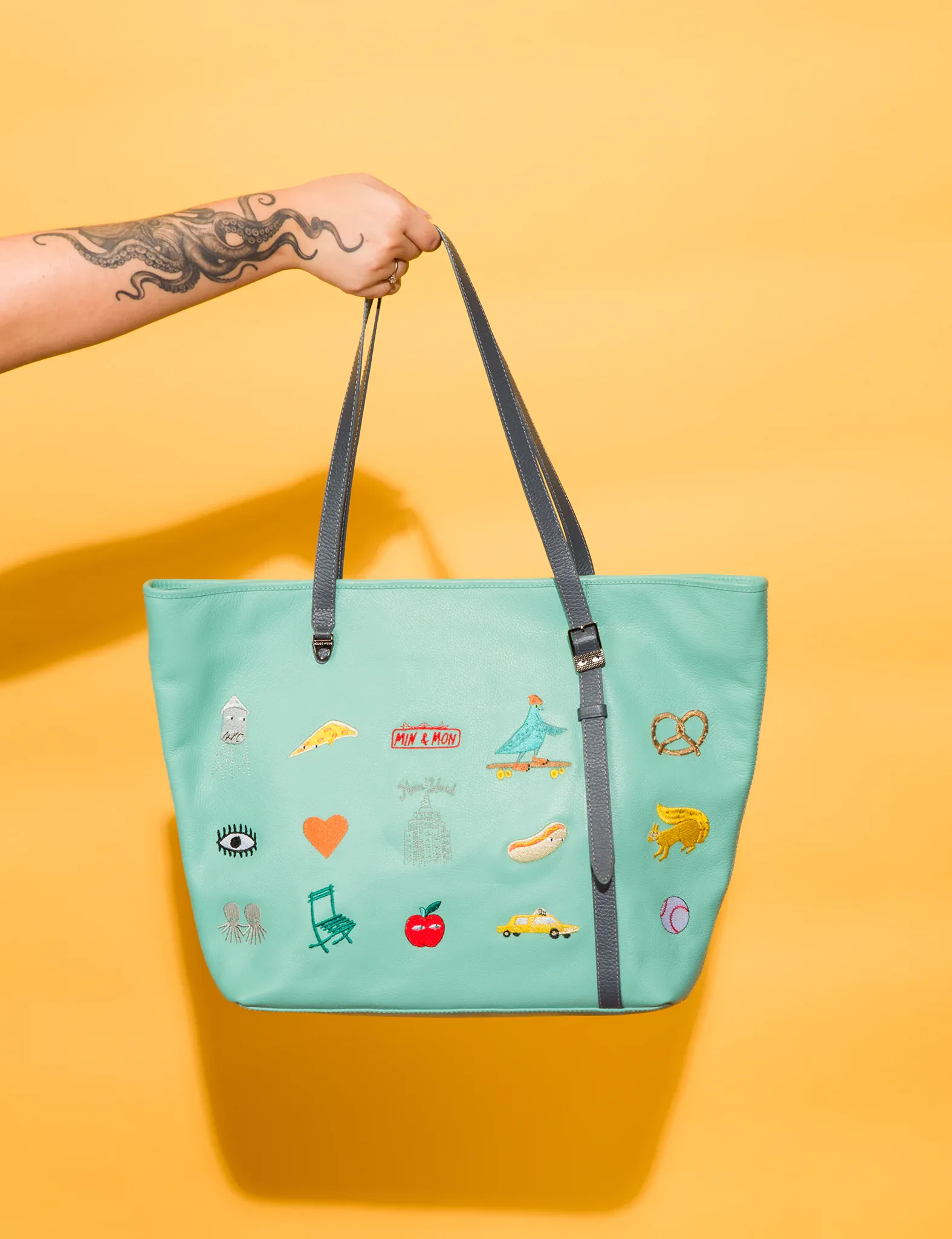 Bruno Oceanic Green Leather Tote Bag - Eye Love New York Embroidery