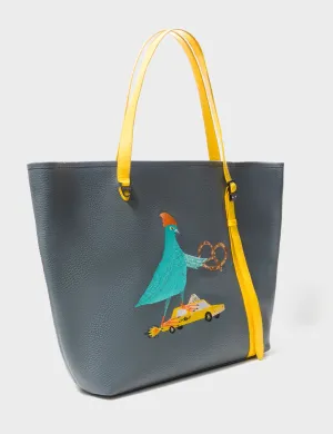 Bruno Stormy Gray Leather Tote Bag - Pigeonista Embroidery