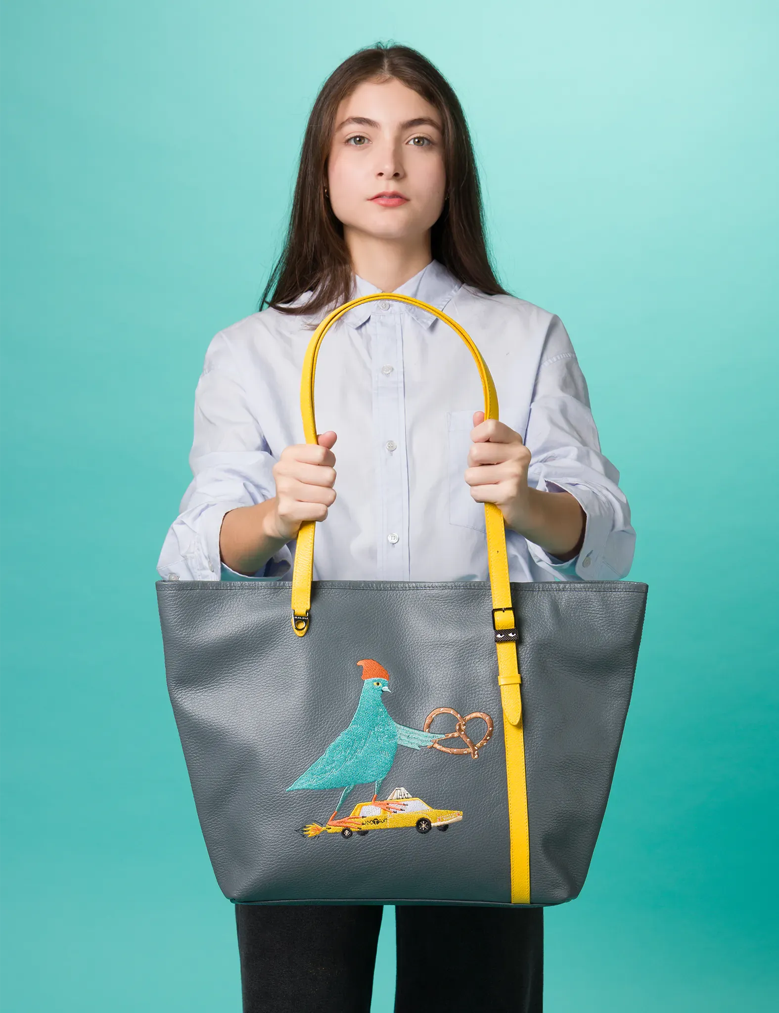 Bruno Stormy Gray Leather Tote Bag - Pigeonista Embroidery