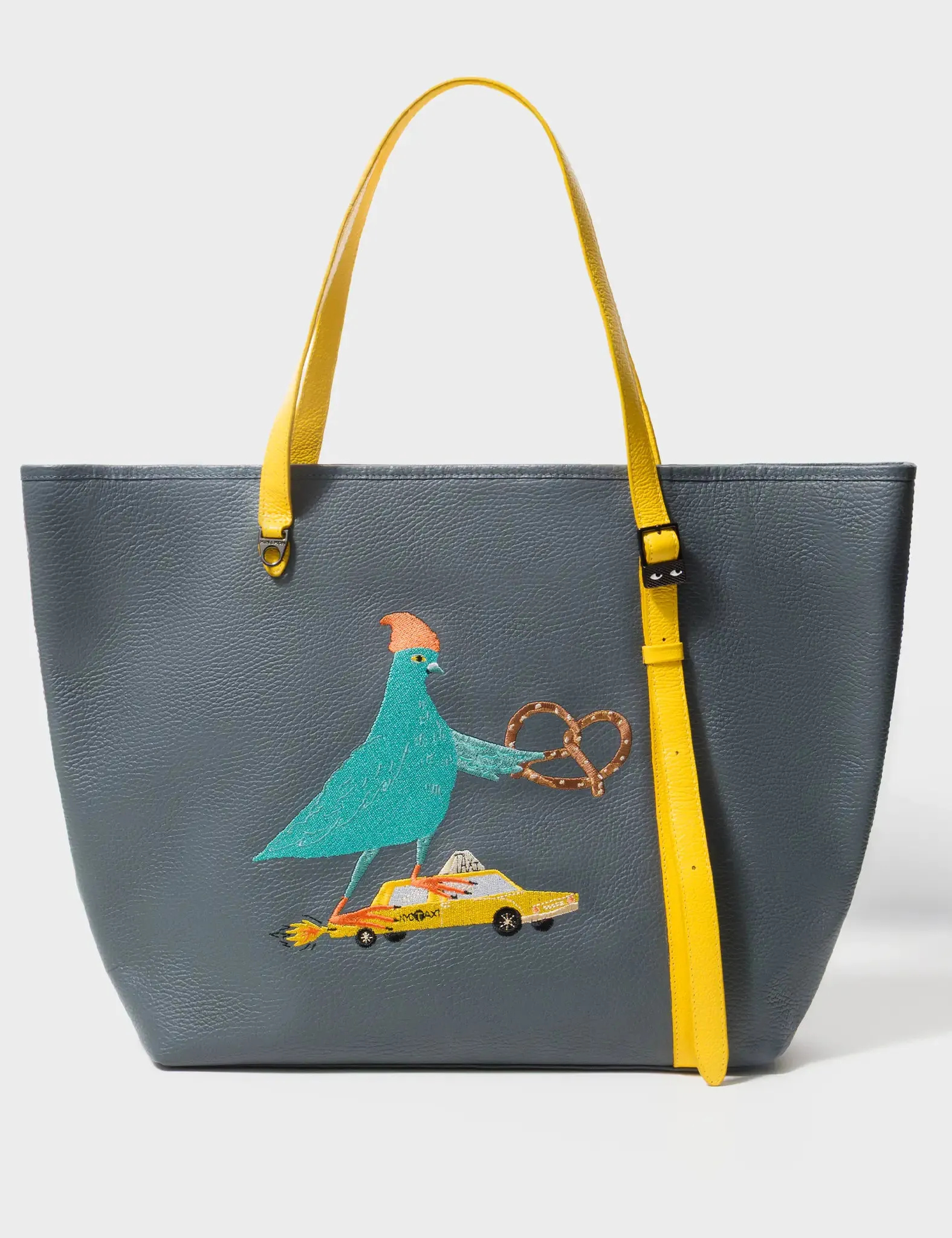 Bruno Stormy Gray Leather Tote Bag - Pigeonista Embroidery