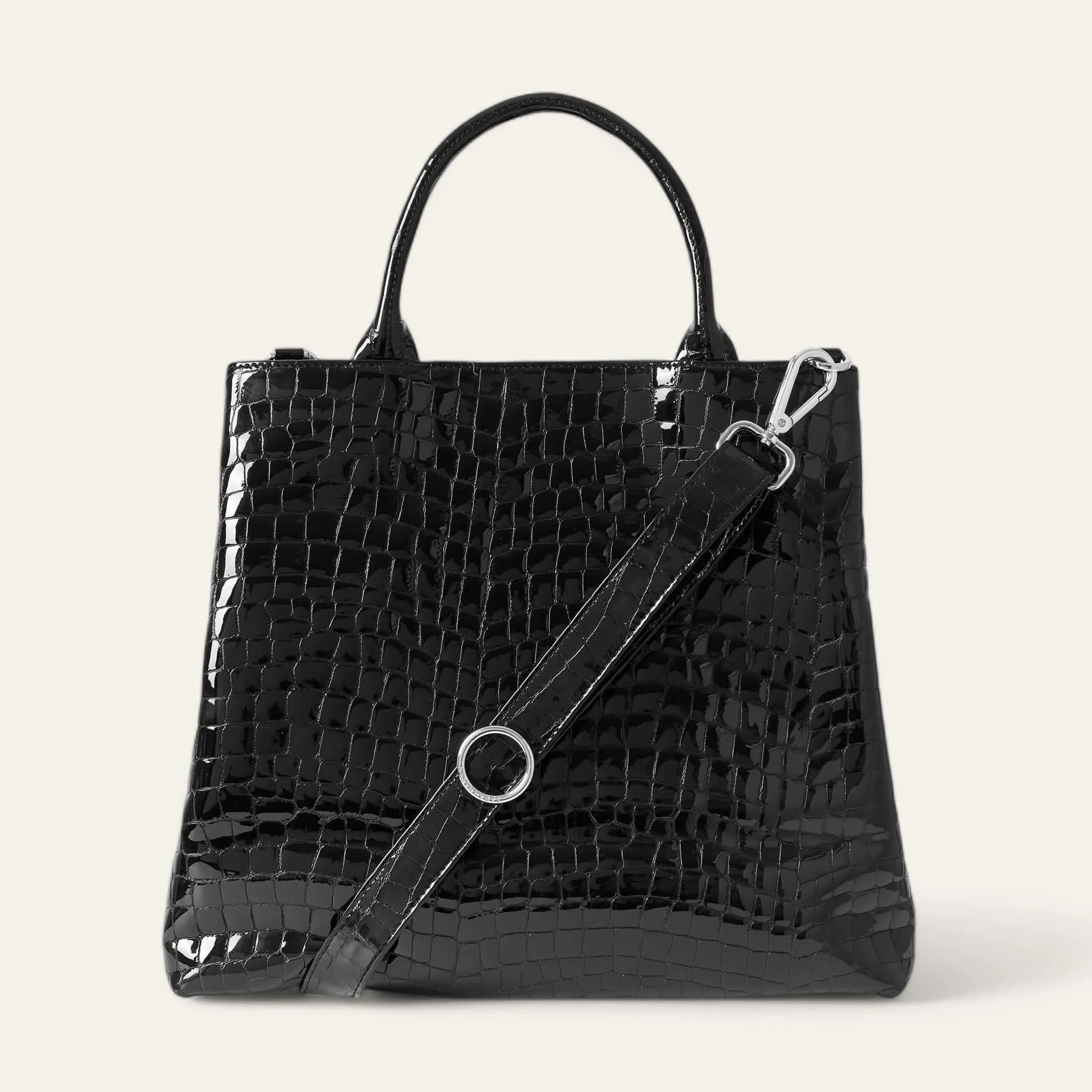 Dahlia Tote | Black Patent Croc with Silver hardware