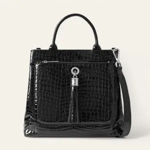Dahlia Tote | Black Patent Croc with Silver hardware