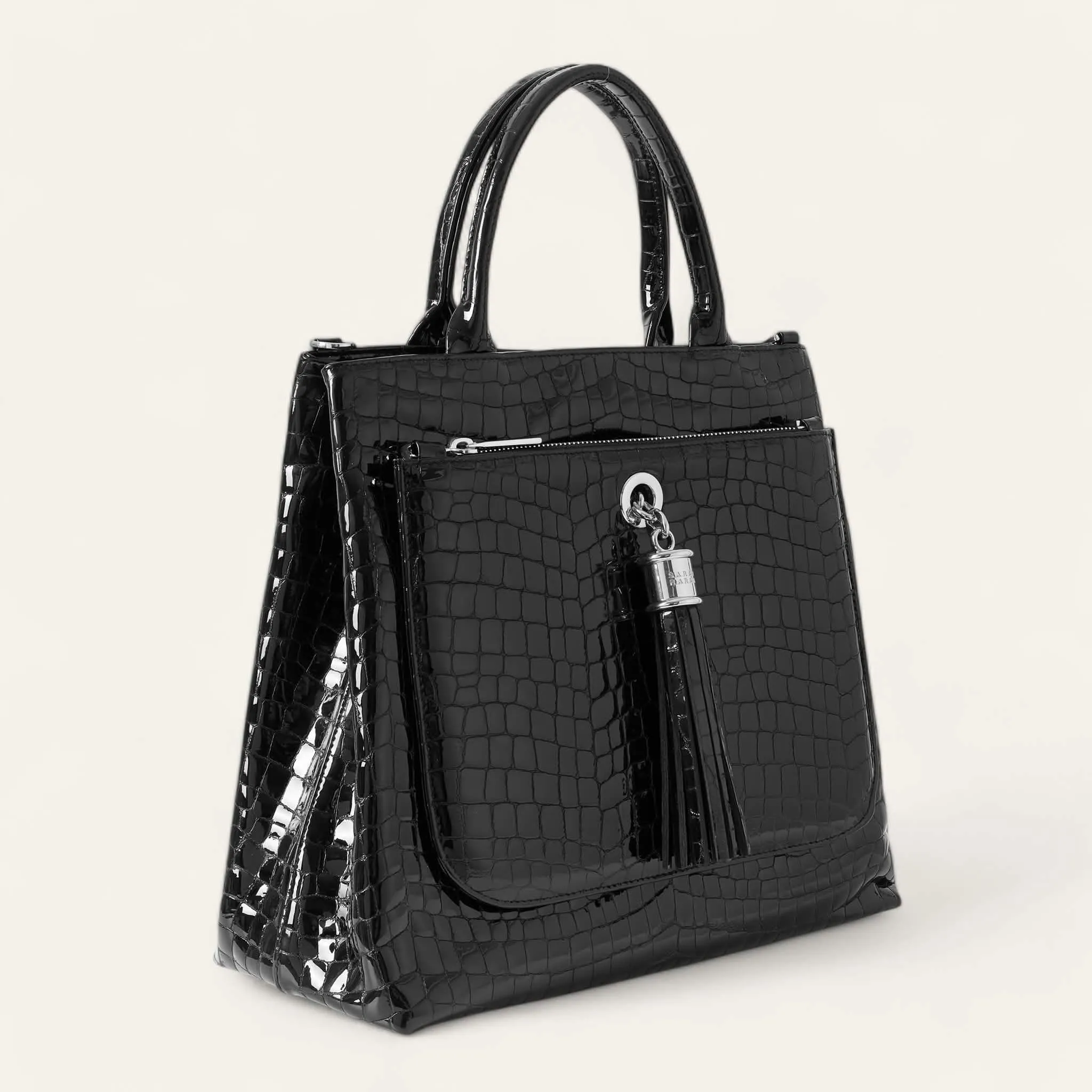 Dahlia Tote | Black Patent Croc with Silver hardware
