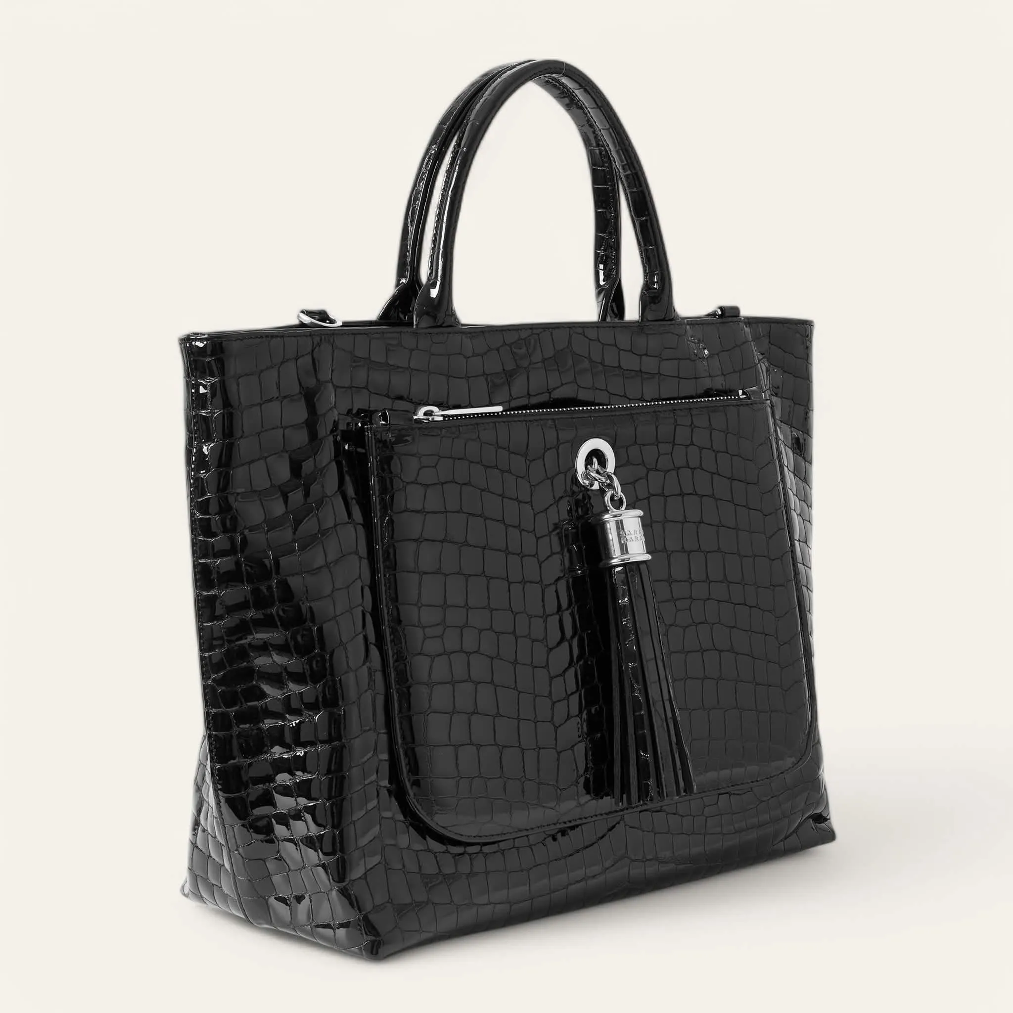 Dahlia Tote | Black Patent Croc with Silver hardware