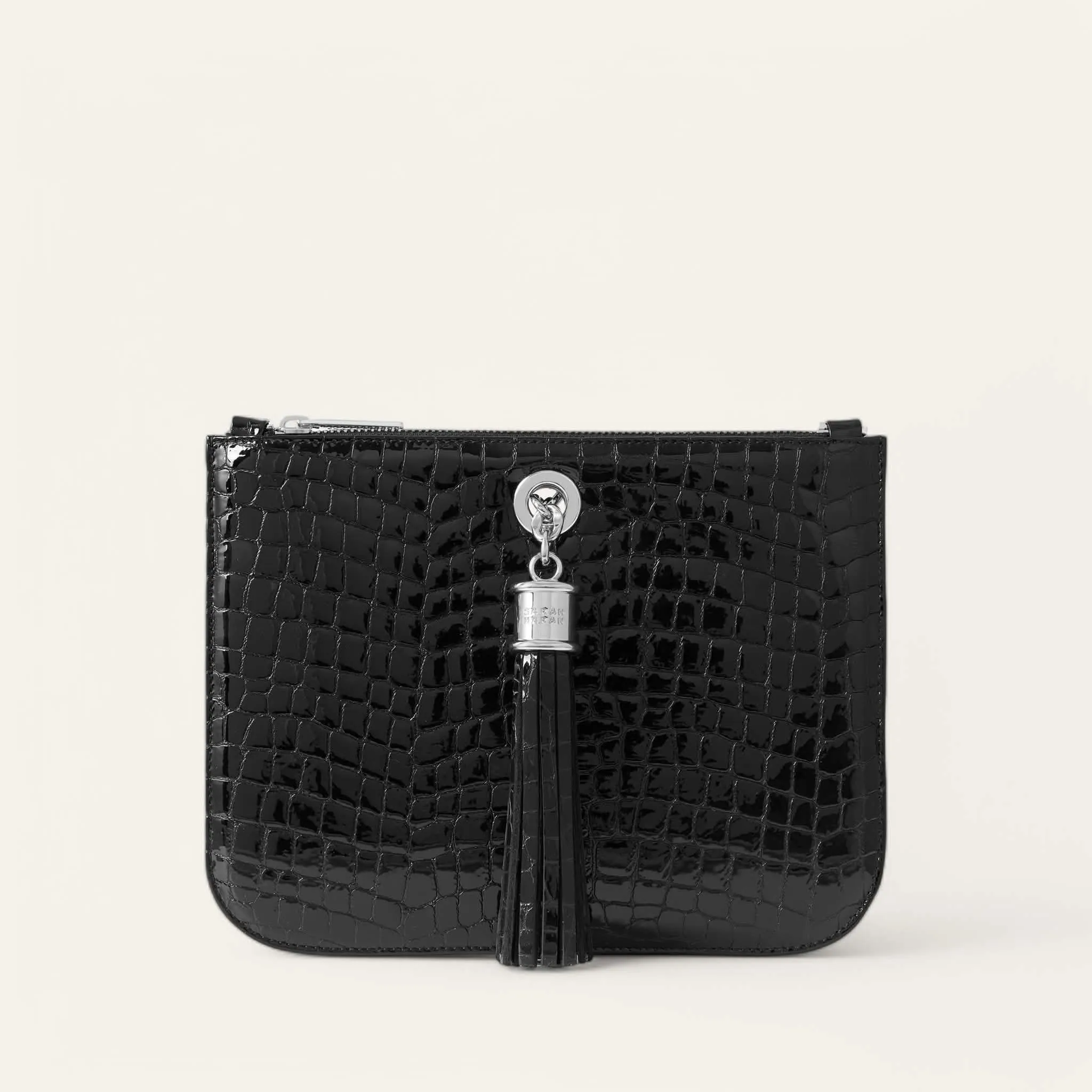 Dahlia Tote | Black Patent Croc with Silver hardware