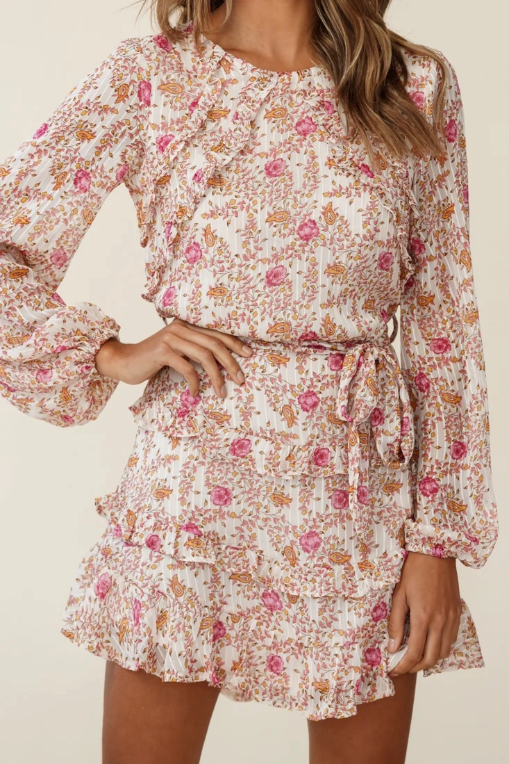 Dusk Long Sleeve Waist Tie Frill Dress Floral Print Beige