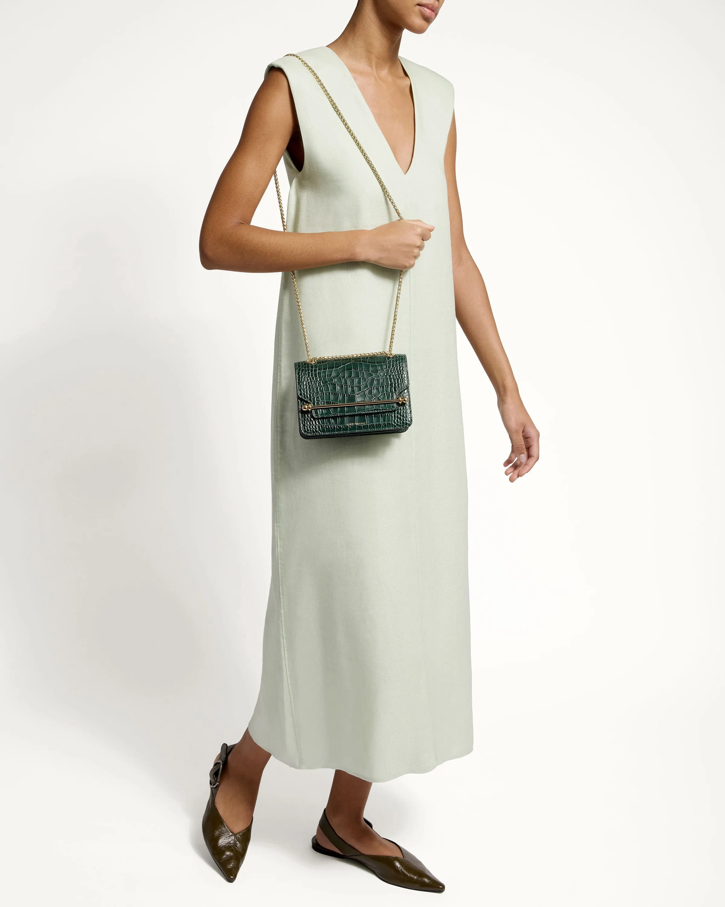 East/West Mini - Croc-Embossed Leather Bottle Green