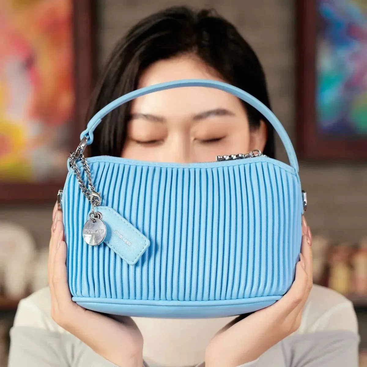 Ella Vegan Leather Crossbody Bag | Light Blue Pleated