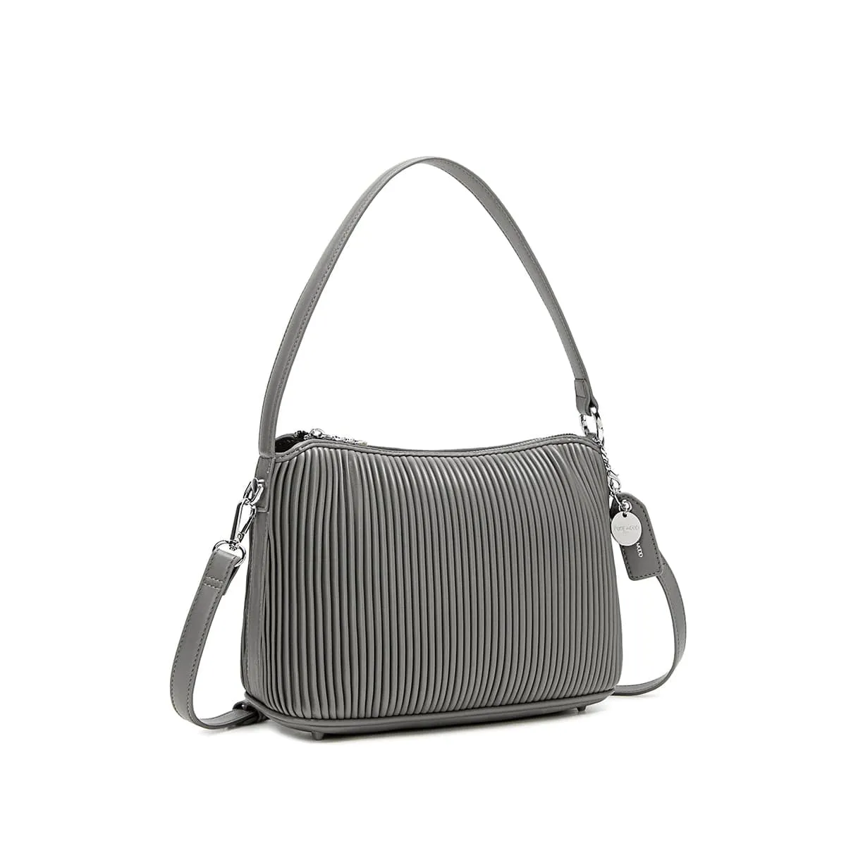 Ella Vegan Leather Shoulder Bag Large | Grey Pleated