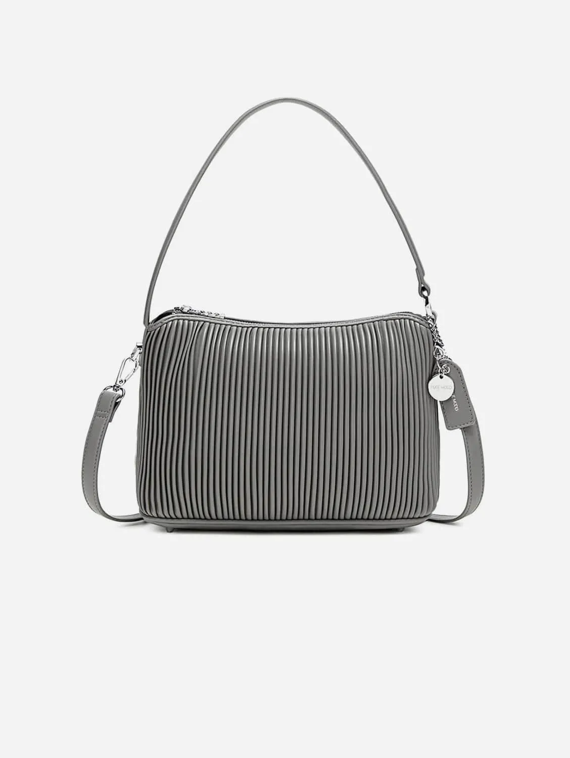 Ella Vegan Leather Shoulder Bag Large | Grey Pleated