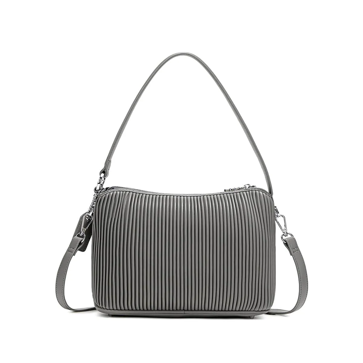 Ella Vegan Leather Shoulder Bag Large | Grey Pleated