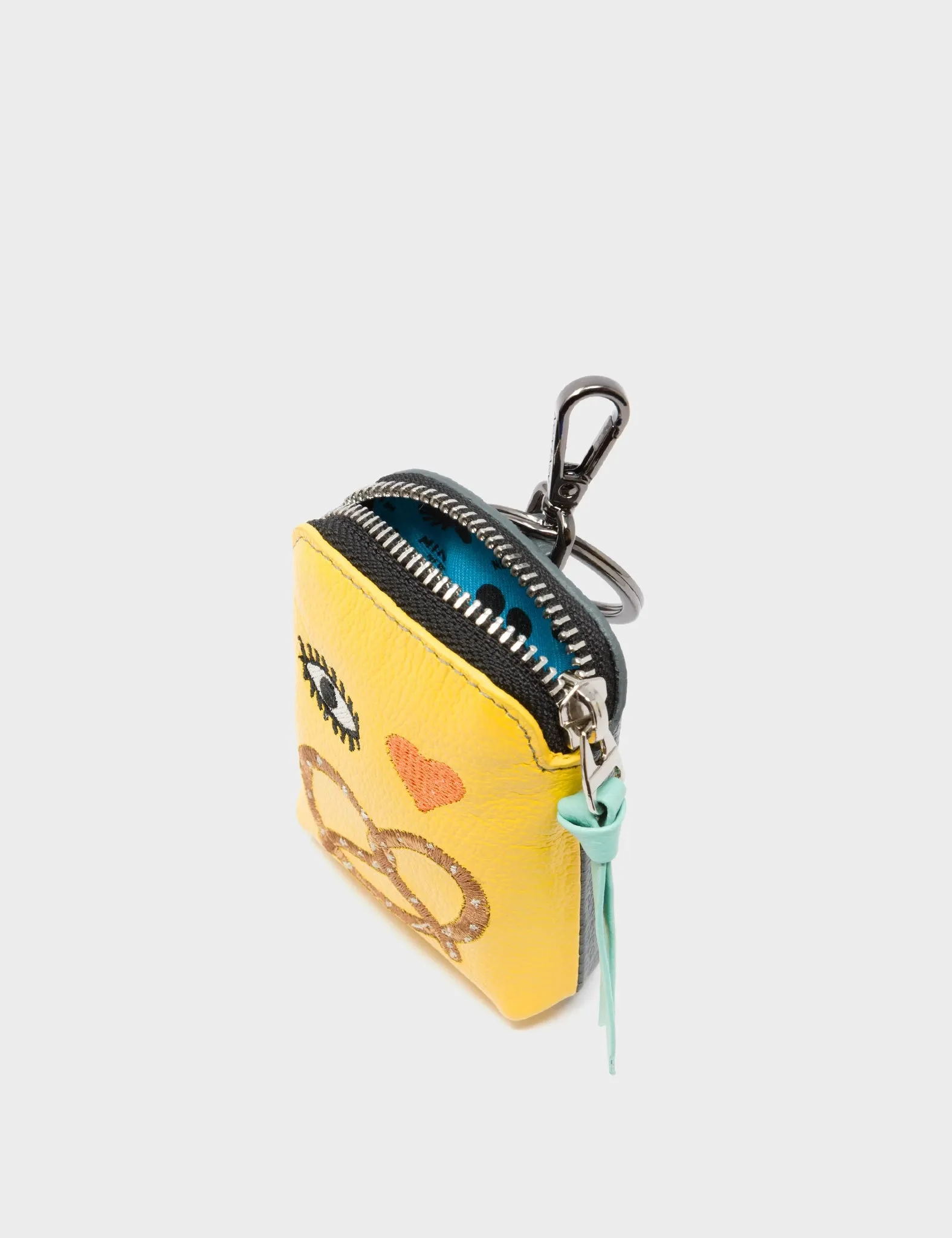 Florence Pouch Charm - Balloon Yellow Leather Keychain Eye Love New York Embroidery