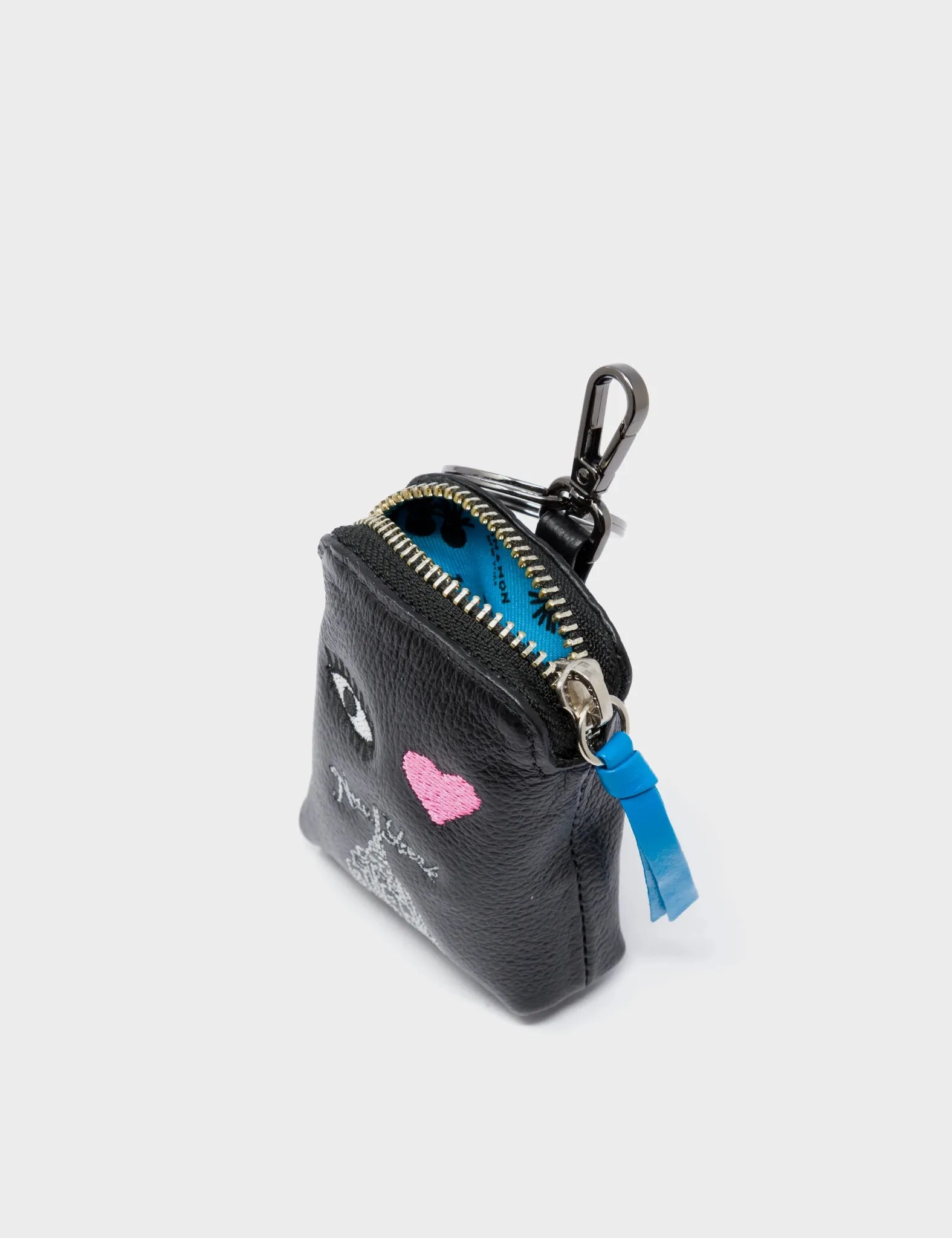 Florence Pouch Charm - Black and Ibiza Blue Leather Keychain Eye Love New York Embroidery
