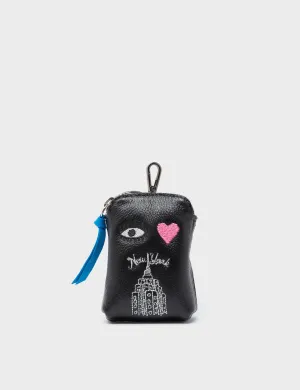 Florence Pouch Charm - Black and Ibiza Blue Leather Keychain Eye Love New York Embroidery