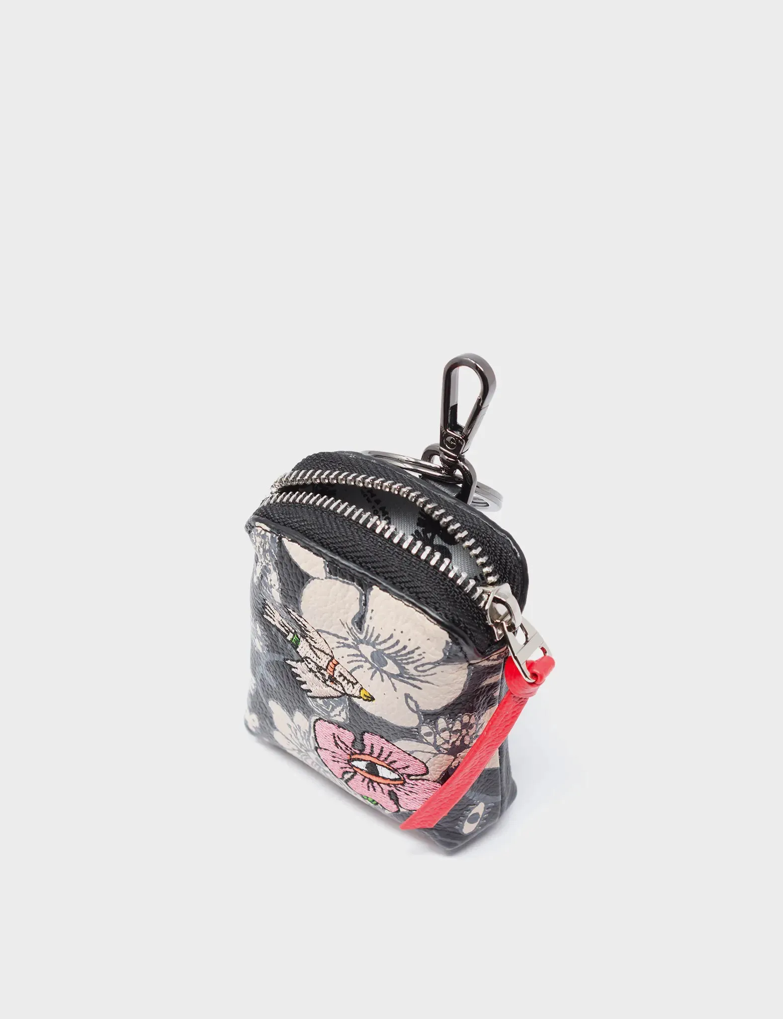 Florence Pouch Charm  - Black Leather Keychain Flowers Print