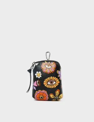 Florence Pouch Charm  - Black Leather Keychain Vintage Bloom Print