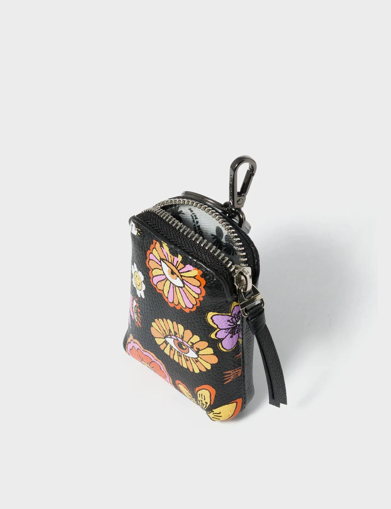 Florence Pouch Charm  - Black Leather Keychain Vintage Bloom Print