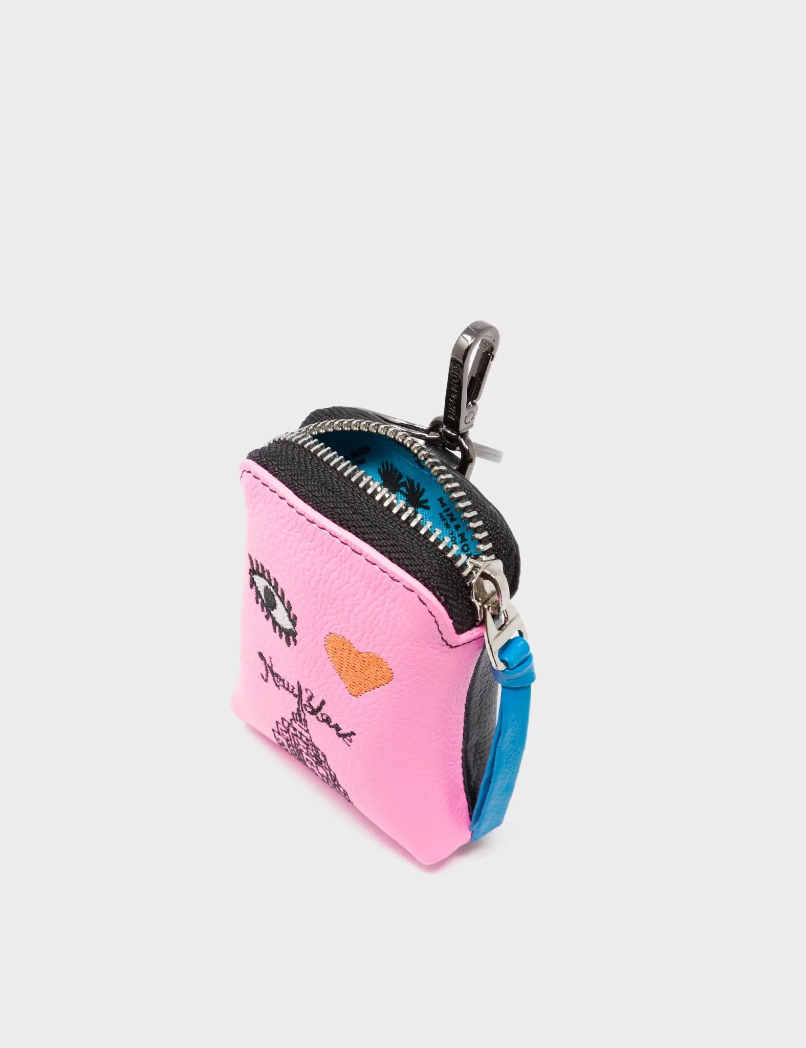 Florence Pouch Charm - Bubblegum Pink Leather Keychain Eye Love New York Embroidery