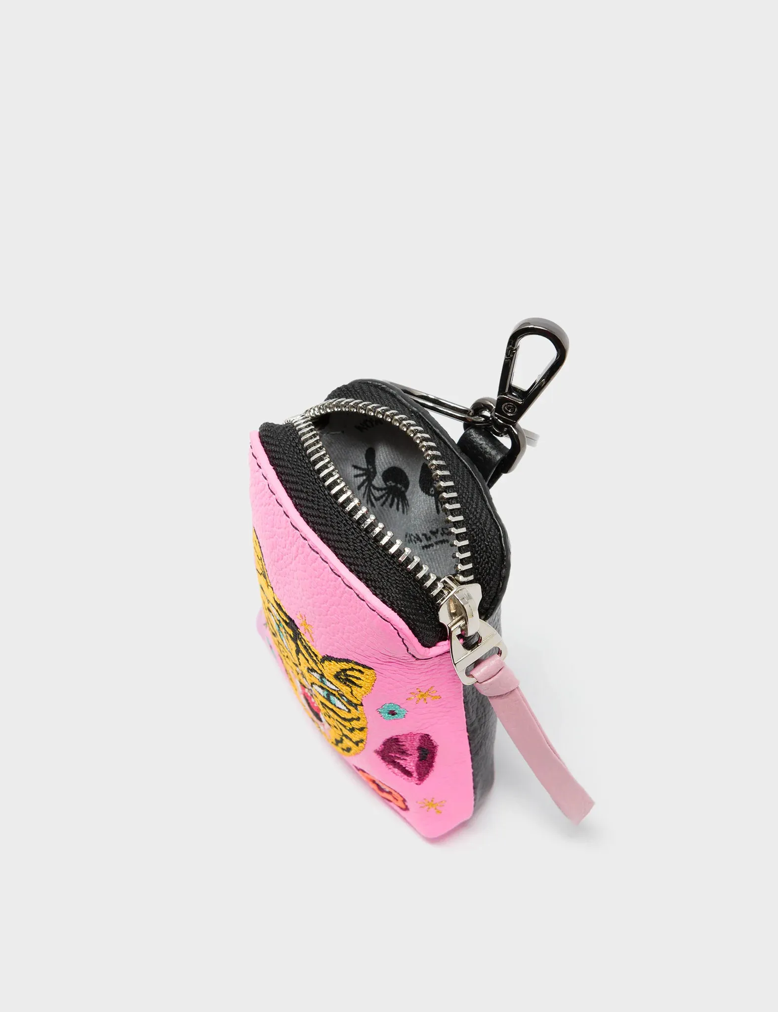 Florence Pouch Charm - Bubblegum Pink Leather Keychain Tiger and Flowers Embroidery