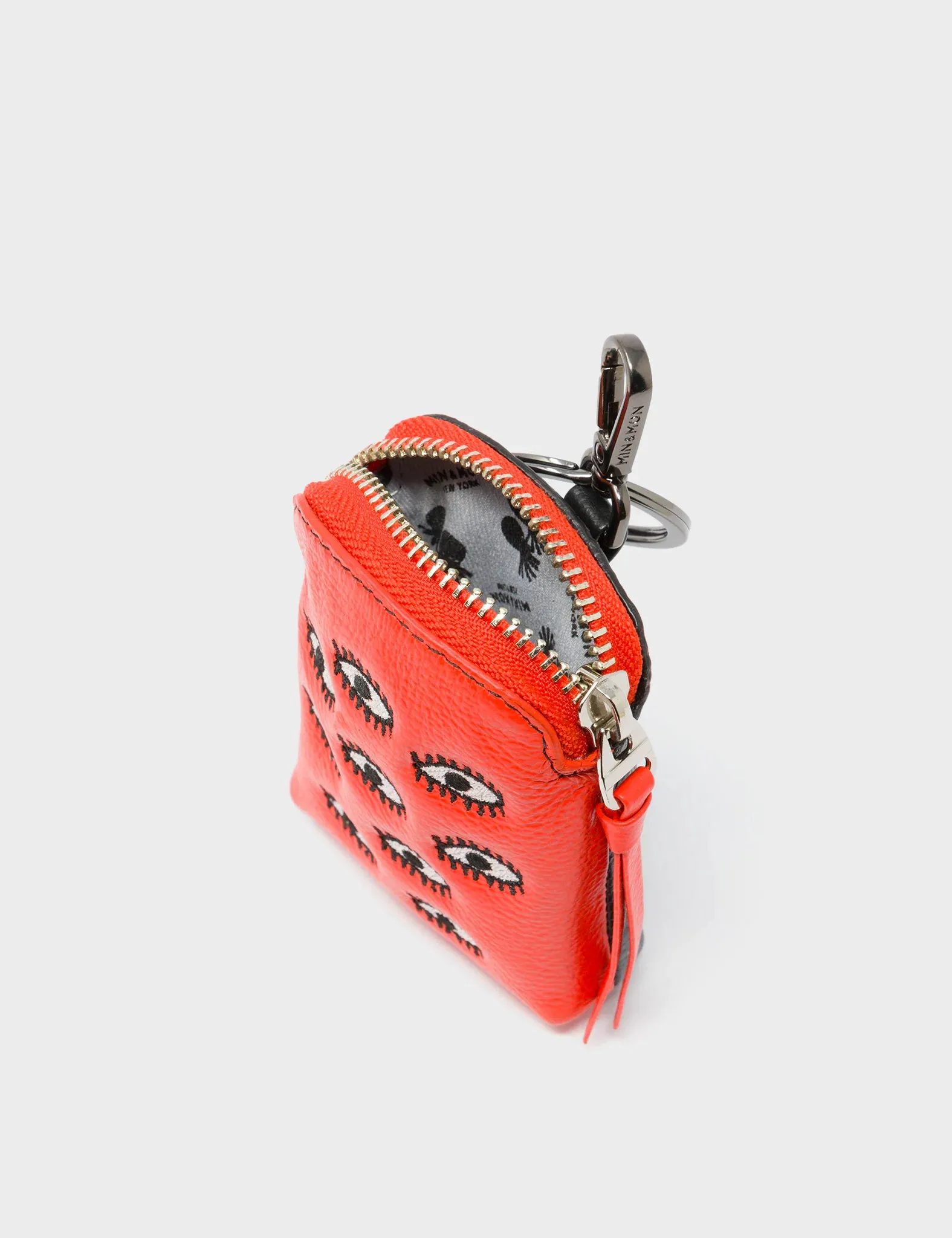 Florence Pouch Charm - Fiesta Red Leather Keychain All Over Eyes Embroidery