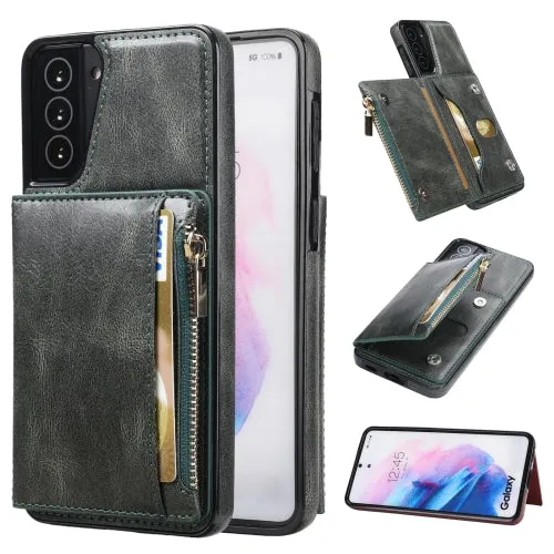 For Samsung Galaxy S21  5G Zipper Wallet Bag PU Back Cover Shockrpoof Phone Case with Holder