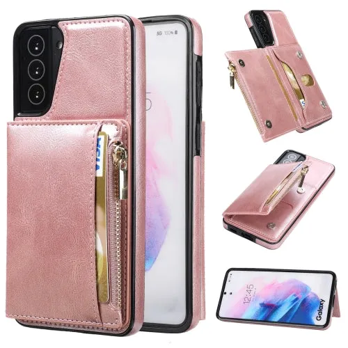 For Samsung Galaxy S21  5G Zipper Wallet Bag PU Back Cover Shockrpoof Phone Case with Holder
