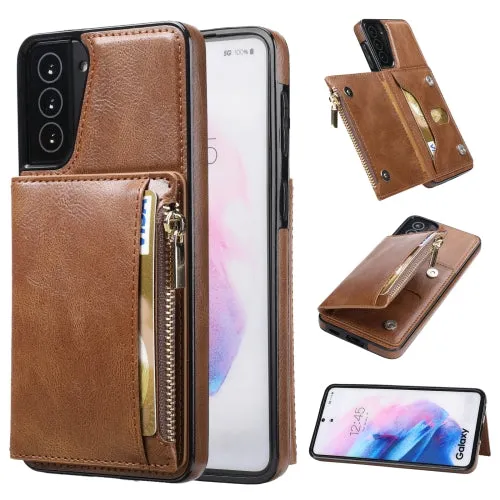 For Samsung Galaxy S21  5G Zipper Wallet Bag PU Back Cover Shockrpoof Phone Case with Holder