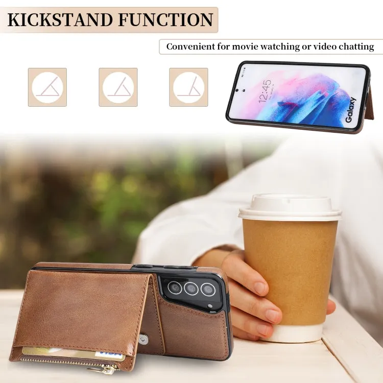 For Samsung Galaxy S21  5G Zipper Wallet Bag PU Back Cover Shockrpoof Phone Case with Holder