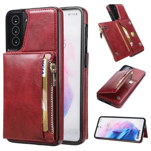 For Samsung Galaxy S21  5G Zipper Wallet Bag PU Back Cover Shockrpoof Phone Case with Holder