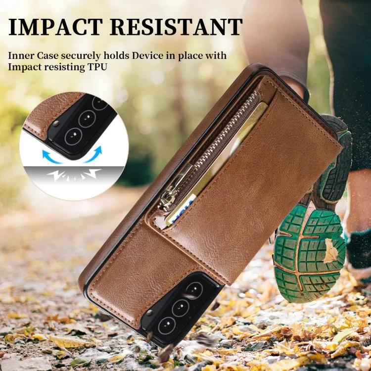 For Samsung Galaxy S21  5G Zipper Wallet Bag PU Back Cover Shockrpoof Phone Case with Holder