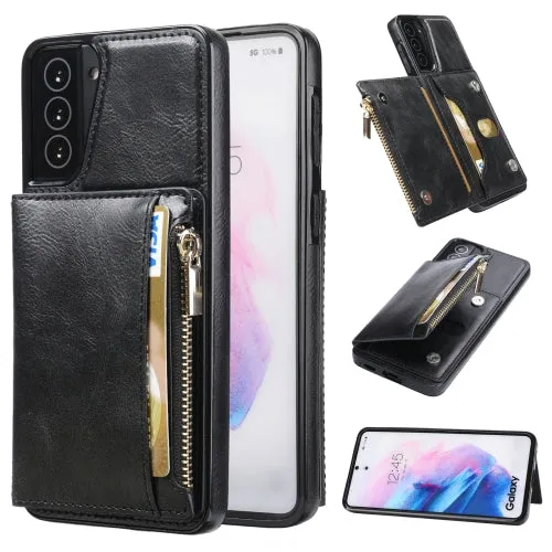 For Samsung Galaxy S21  5G Zipper Wallet Bag PU Back Cover Shockrpoof Phone Case with Holder