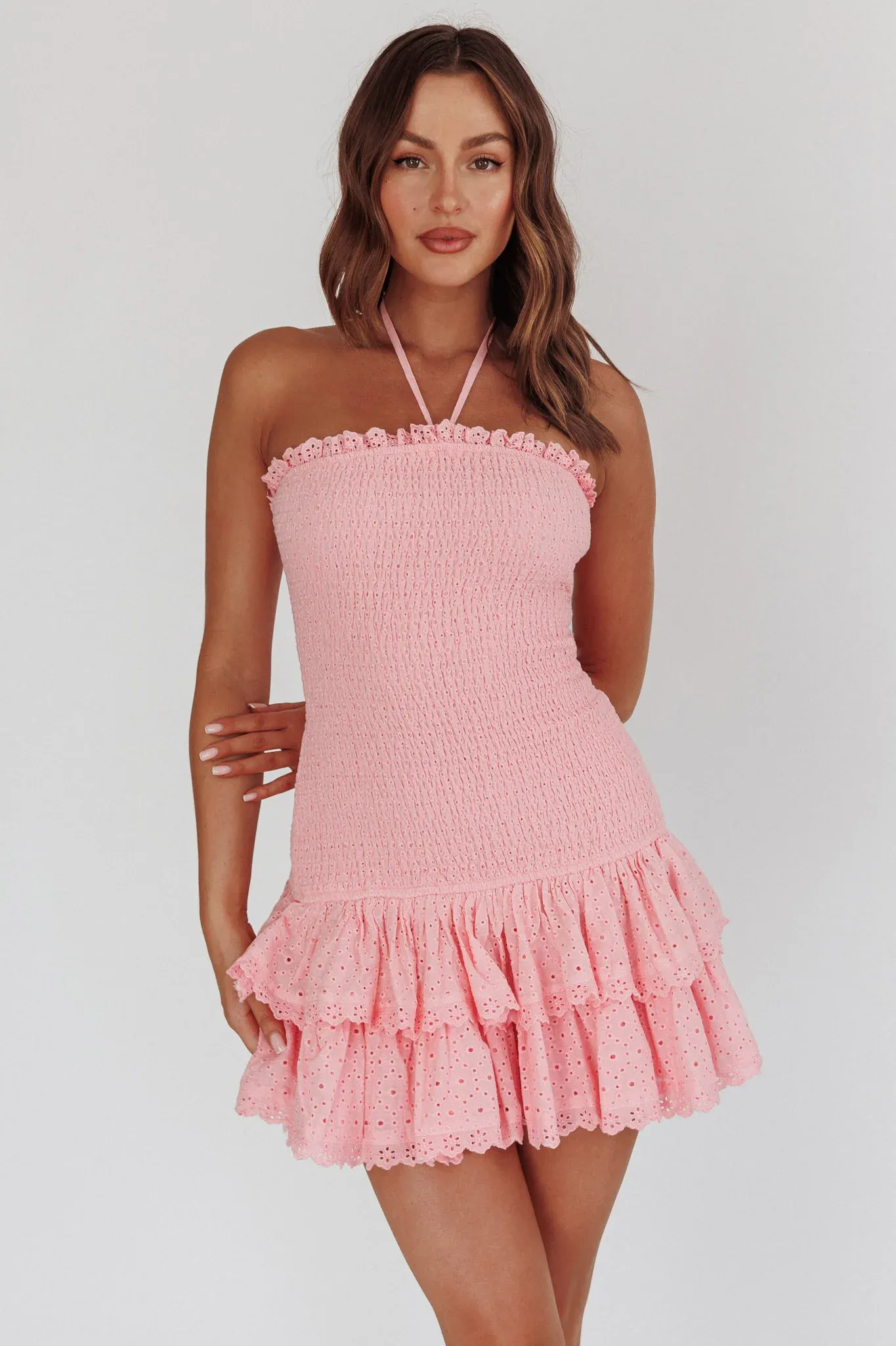 Franni Shirred Drop Waist Mini Dress Pink