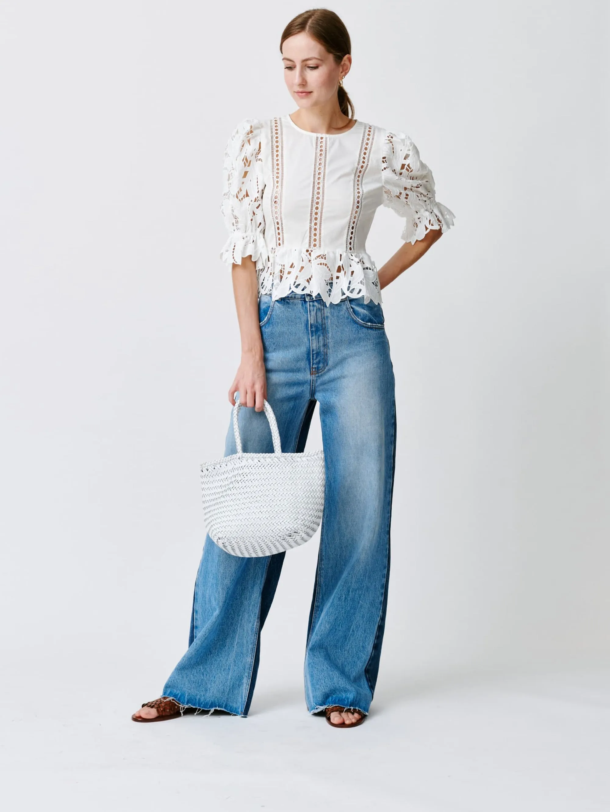 Grace Basket Small White Woven Leather Bag