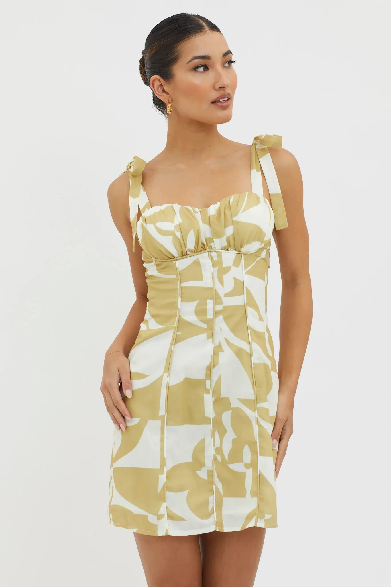 Harrison Tied Shoulder Mini Dress Print Yellow