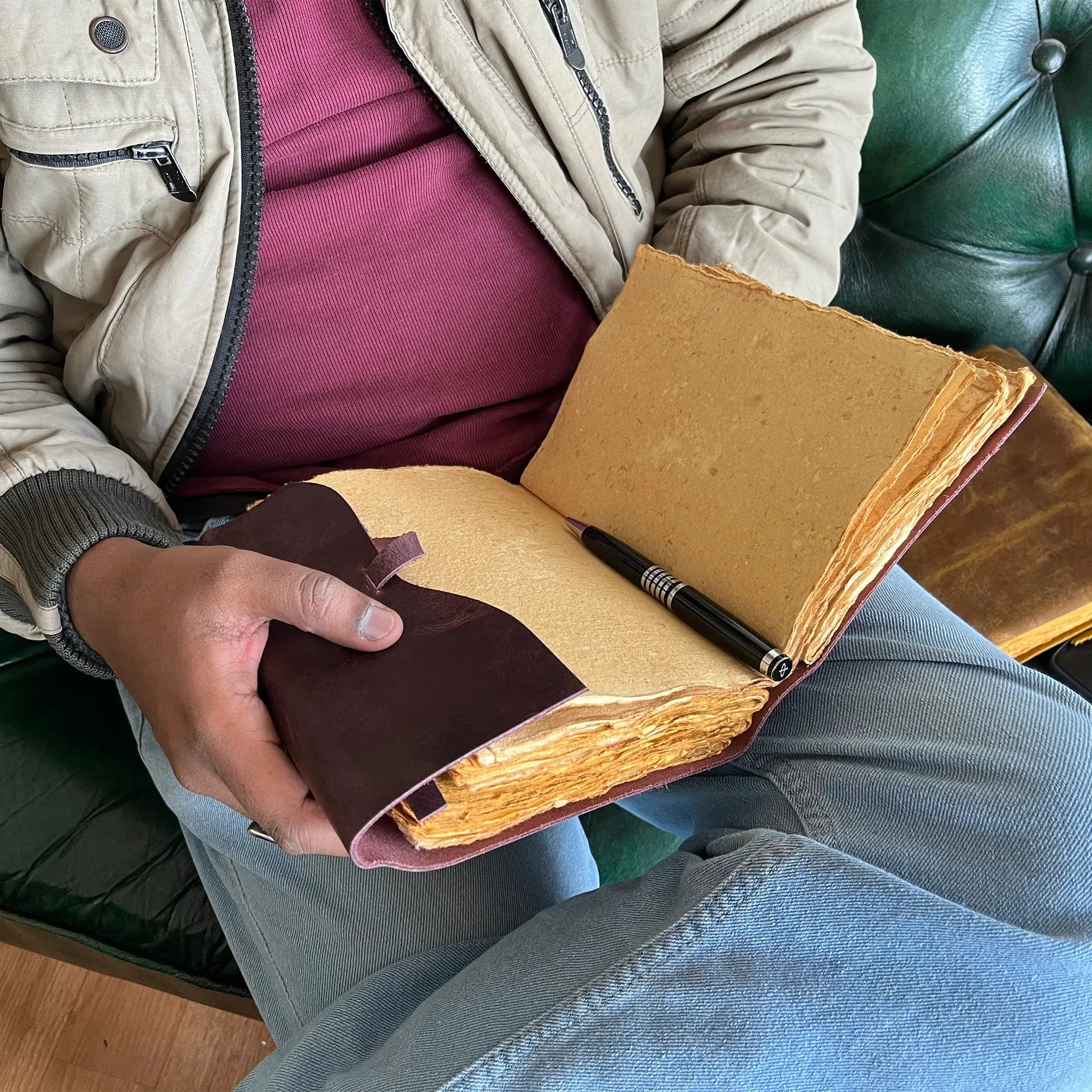 Leather Bound Journal - A5 Handmade Antique Deckle Edge Paper, Mauve