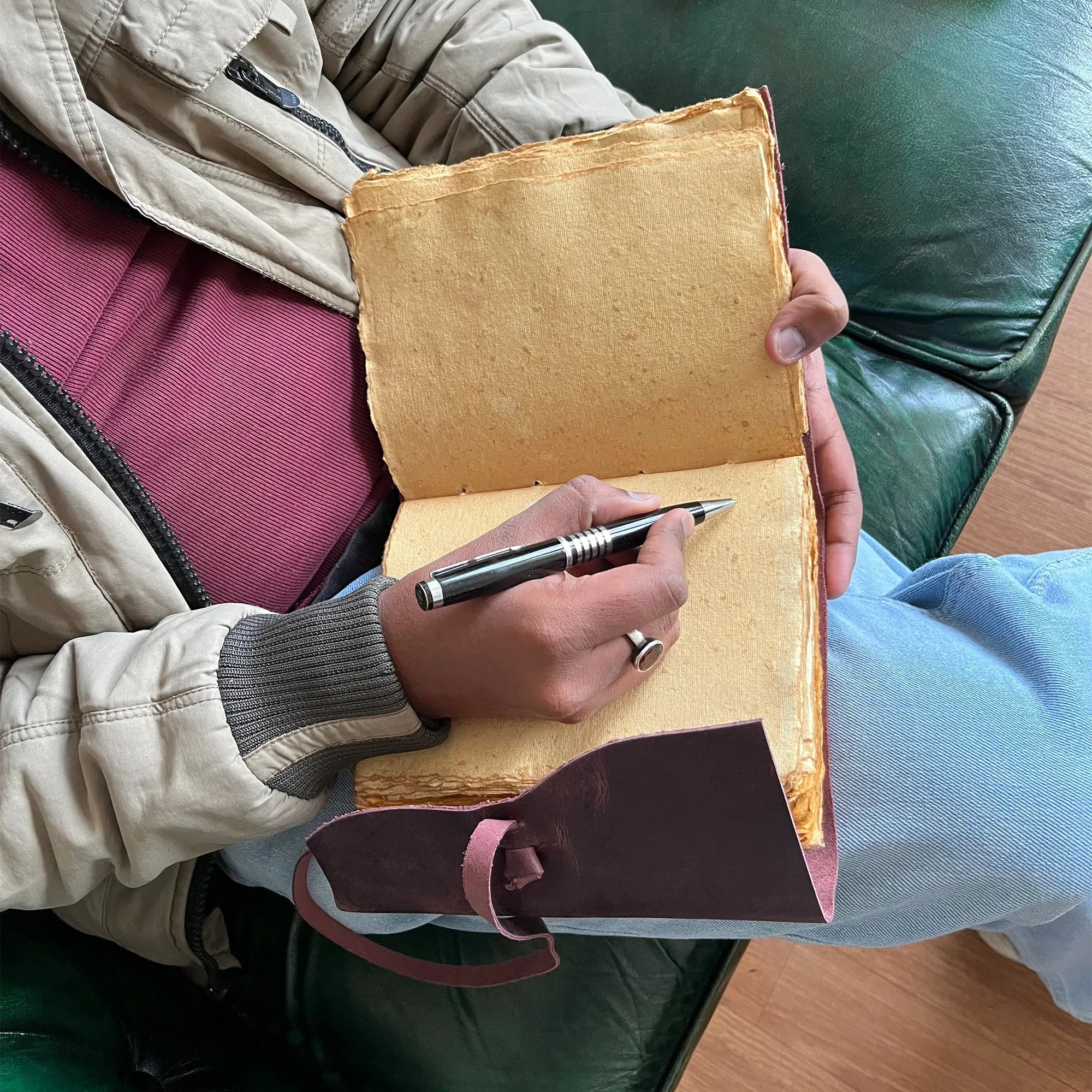 Leather Bound Journal - A5 Handmade Antique Deckle Edge Paper, Mauve
