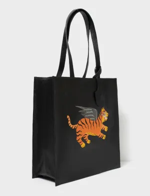Marko Black Leather Tote Bag - Flying Tiger Embroidery