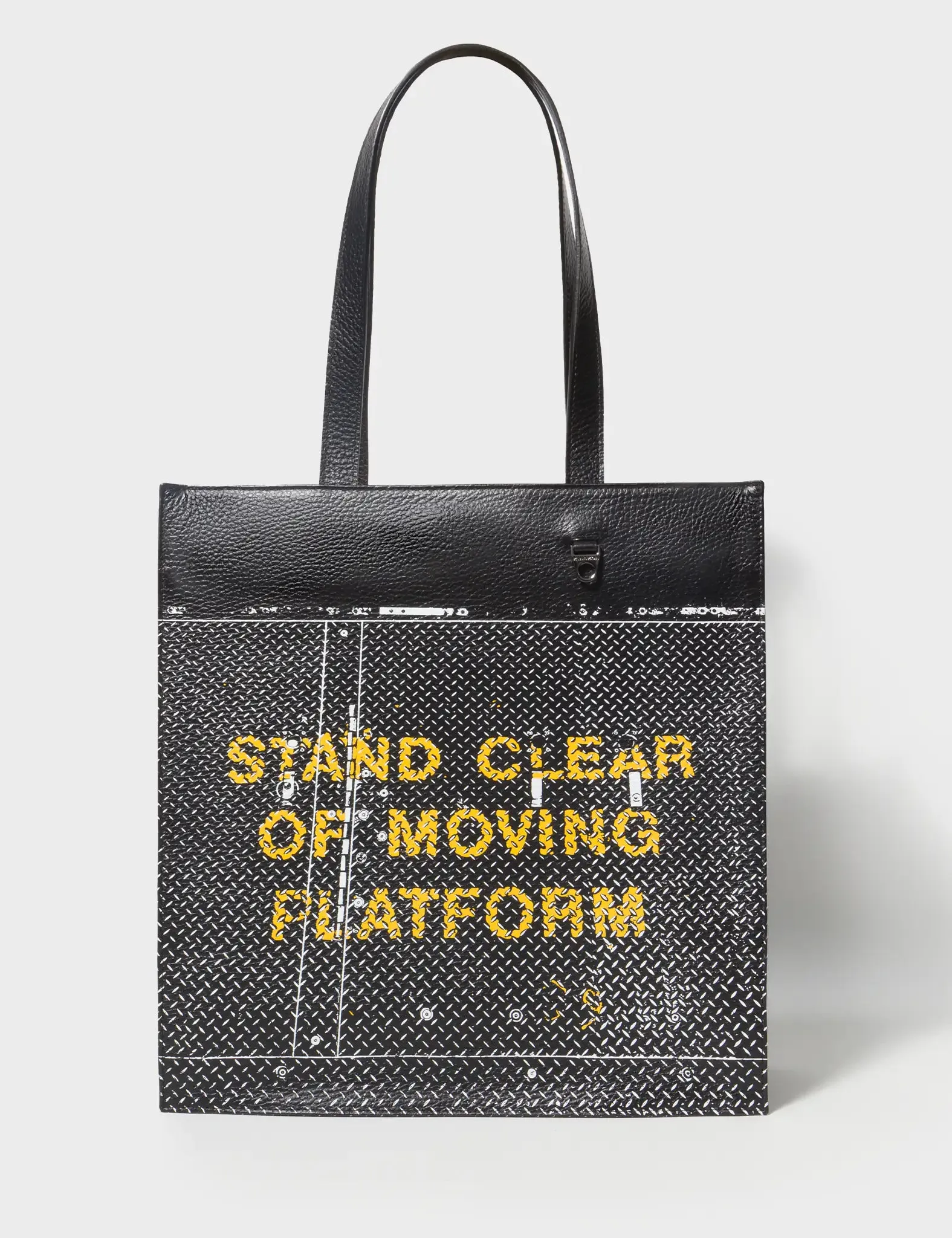 Marko Black Leather Tote Bag - Metal Platform Print