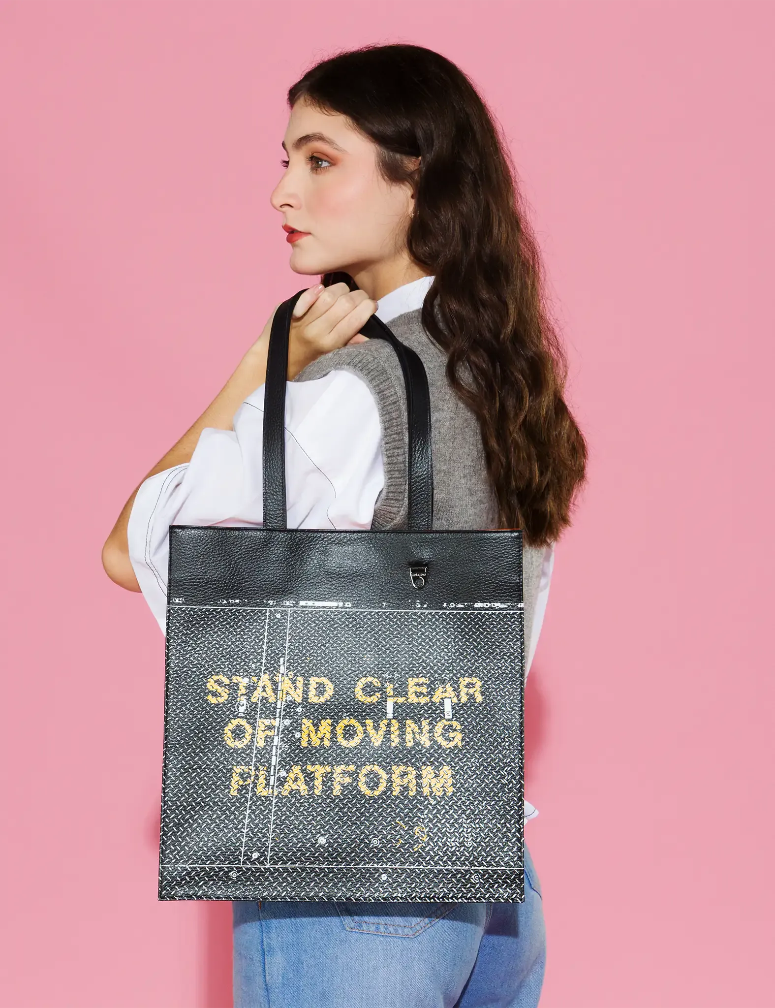 Marko Black Leather Tote Bag - Metal Platform Print