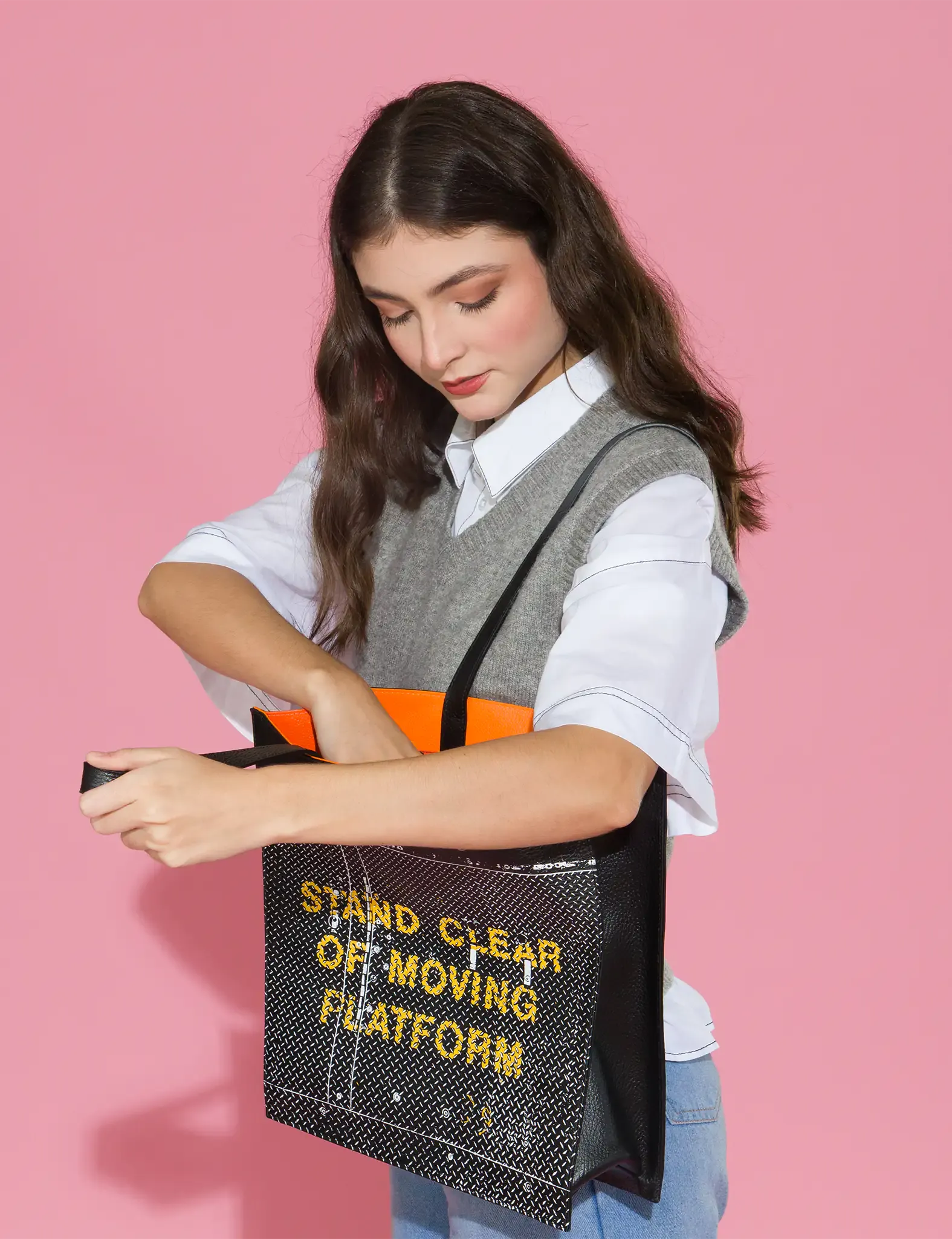 Marko Black Leather Tote Bag - Metal Platform Print