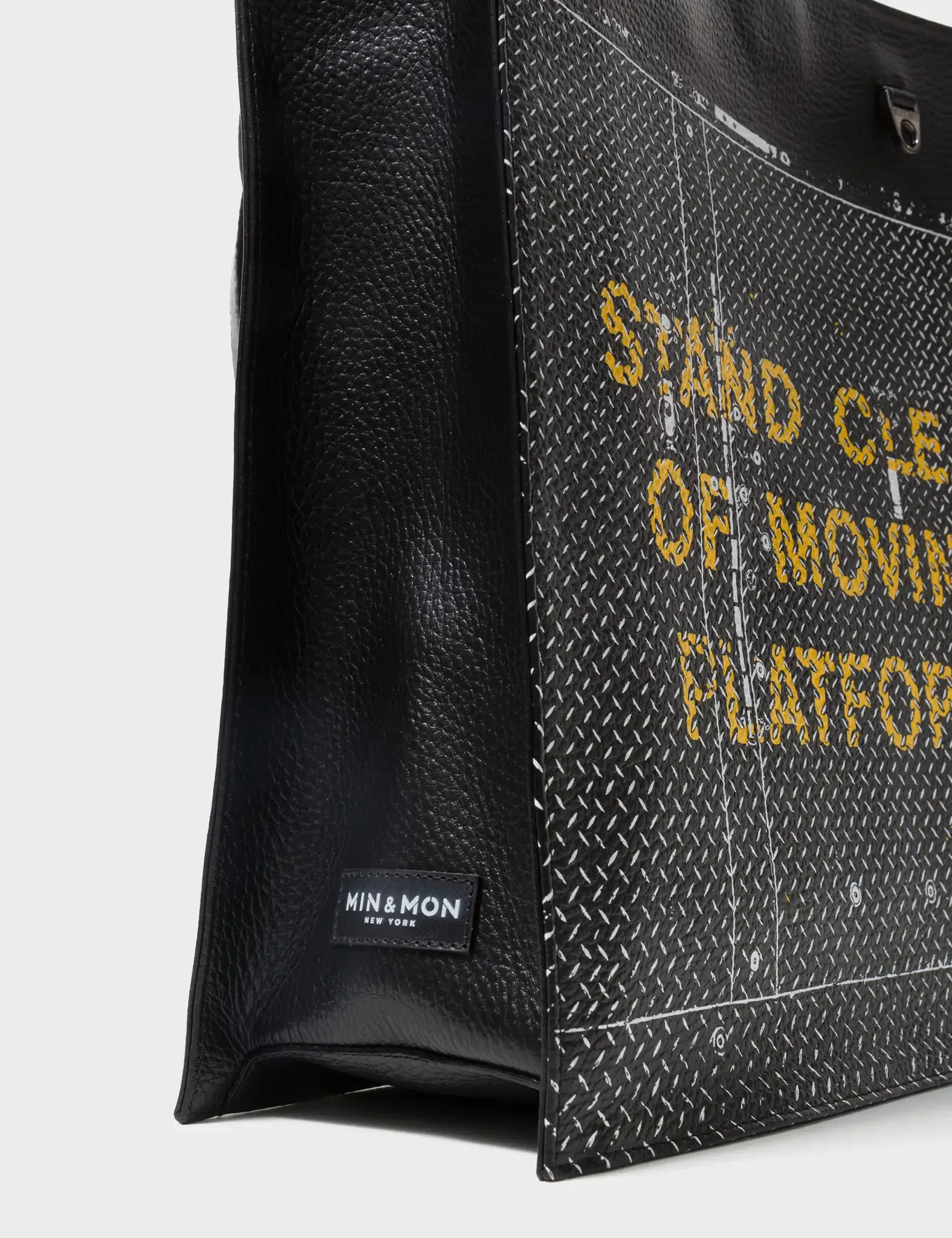 Marko Black Leather Tote Bag - Metal Platform Print