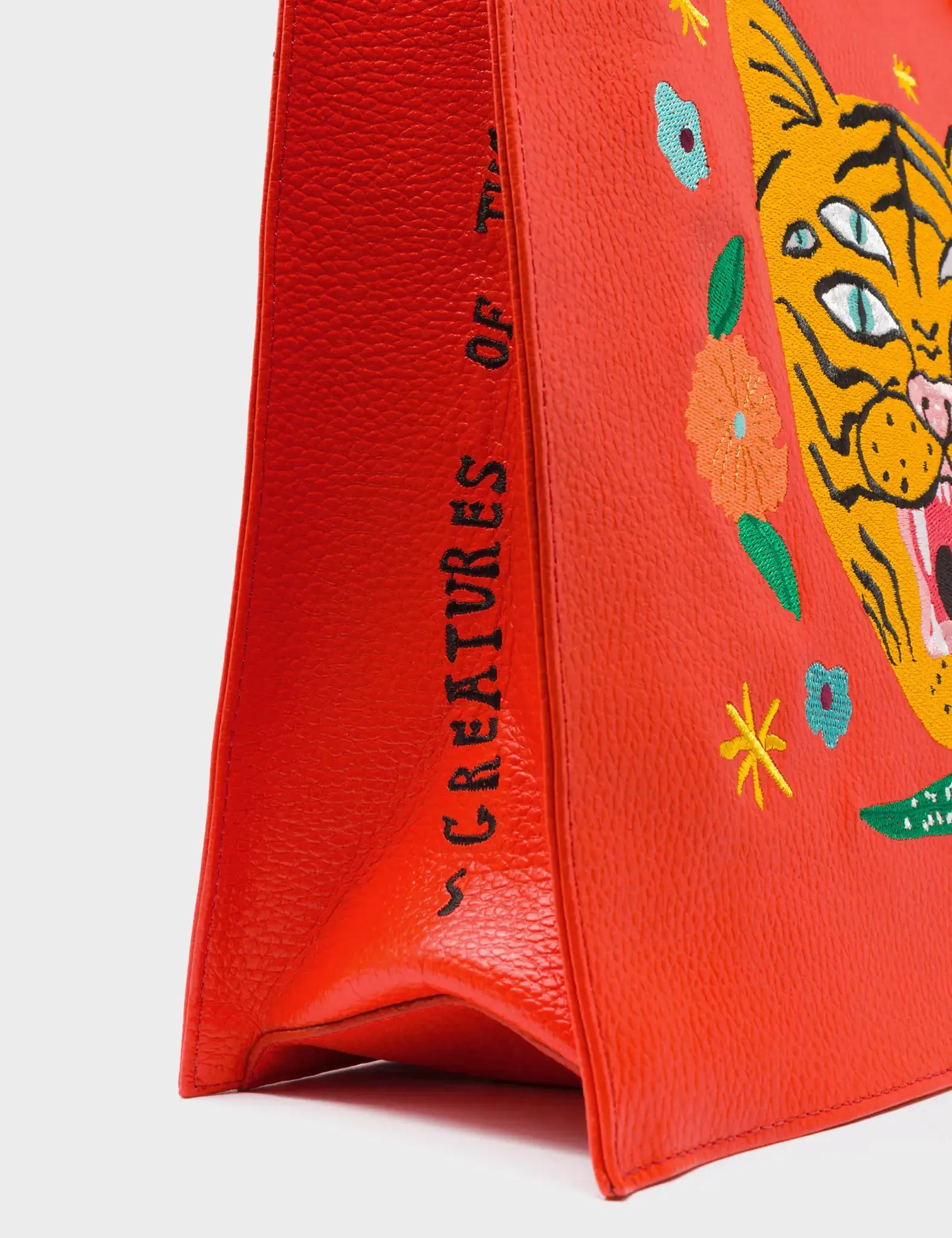 Marko Fiesta Red Leather Tote Bag - Tiger and Flowers Embroidery