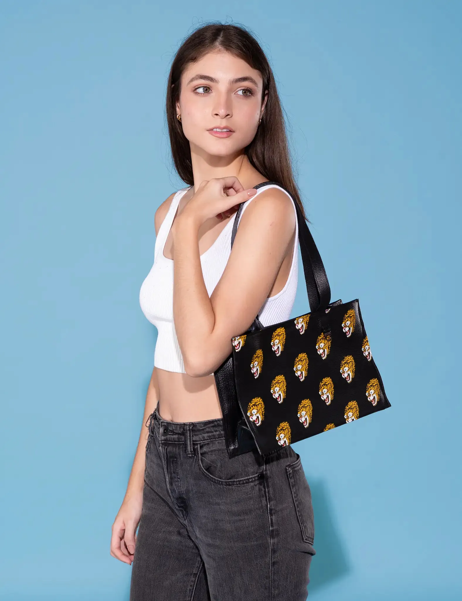 Marko Small Black Leather Tote Bag - Blazing Tiger Print
