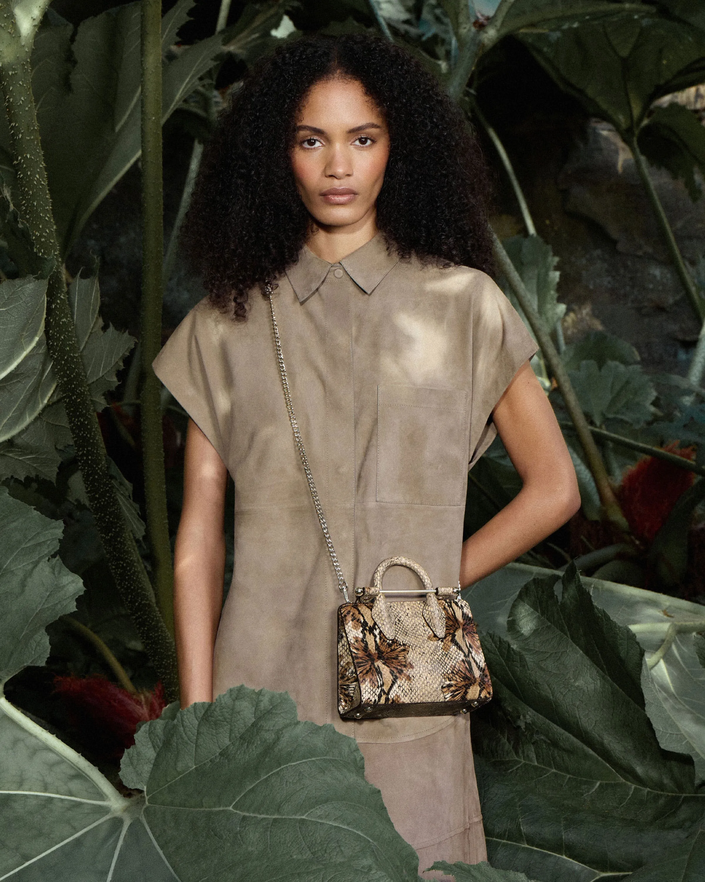 Nano Tote - Floral Snake-Embossed Leather Chocolate